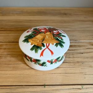 Mikasa BELLS OF HOLLY Trinket Box Candy Dish with Lid Christmas Porcelain